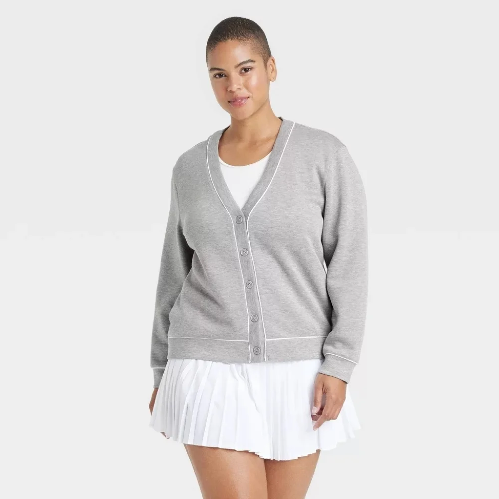 NWT All in Motion Women's Gray V-Neck Button Cardigan with White Trim - Picture 3 of 4